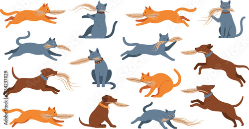 Playful Cats and Dogs with Feathers Illustration Set Featuring Running, Jumping and Sitting Pets for Animal Lover Designs and Prints