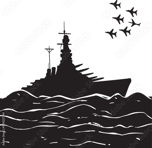 Vector illustration of warship and fighter jets on sea