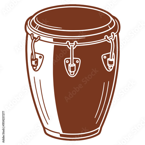 Detailed illustration of a conga drum percussion instrument perfect for musical designs and cultural representations featuring a brown color palette and white outline