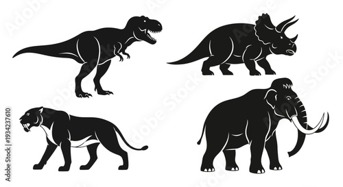 Dinosaur and Wild Animal Silhouettes: T-Rex, Triceratops, Panther, Elephant Vector Icons