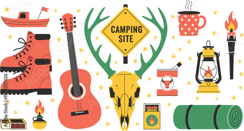 Camping Adventure Icon Set with Hiking Boots, Guitar, Antlers, Campfire, Lantern, Skull, Sleeping Bag and Outdoor Survival Elements for Travel Designs