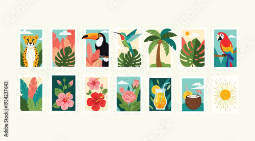 A set of colorful tropical illustrations featuring various animals and plants on a beige background