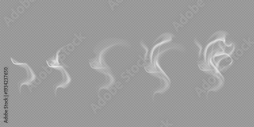 Realistic white cloud or fire smoke in the sky and vector weather element on transparent background. Chimney smoke, fog wave or cloud pattern with overlay effect. Cloud art or smoky air illustration.