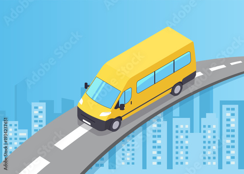A passenger van travels along a road with a city in the background. Concept illustration of passenger transportation. Vector illustration.