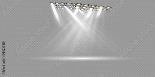 Stadium floodlight isolated set of LED strobe lights for lighting stage, stadium, podium, advertising presentations.