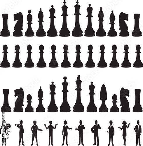 Set of 28 chess pieces and 7 business people silhouettes vector