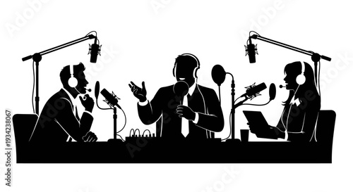 Podcast Recording Studio Silhouette with Hosts.