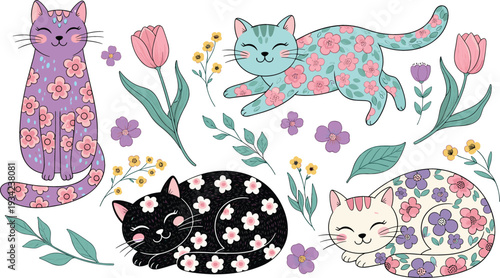 Cute Floral Cats Illustration Set with Sleeping and Sitting Kittens Covered in Flower Patterns for Nursery Prints, Stickers, Textile and Kids Designs