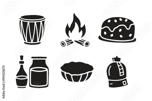 Cultural Folk Icons Drum Bonfire Cake Jar Pie Santa Hat Black Silhouette Illustration