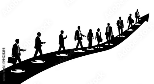 Silhouetted Business People Walking Upward Arrow.