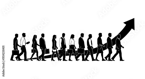 Silhouetted Business Professionals Walking with Arrow.