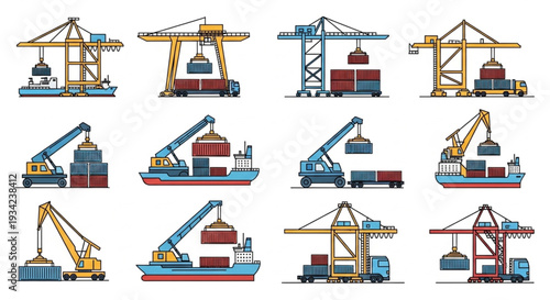 Industrial Port Cranes Loading Shipping Containers onto Ships and Trucks.