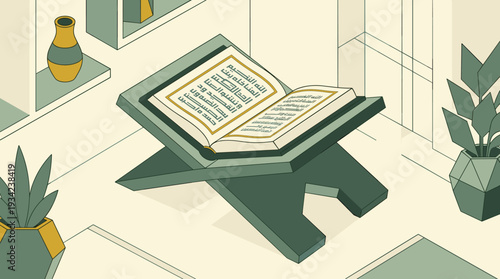 Holy Quran Book on Wooden Rehal Lectern Illustration with vector illustration
