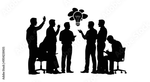 Silhouetted Business Team Brainstorming with Lightbulb.