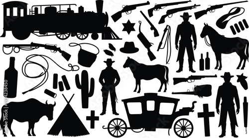American Wild West silhouettes collage featuring cowboys, horses, steam train, stagecoach, weapons, sheriff badge, cactus, teepee, bull, and frontier symbols for cultural design projects