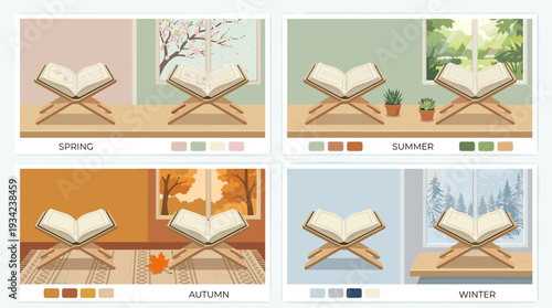 Holy Book Reading Seasons Spiritual Devotion Home Illustration with vector illustration