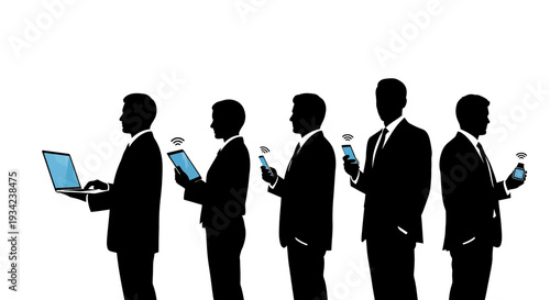 Silhouetted Businessmen Using Various Electronic Devices.