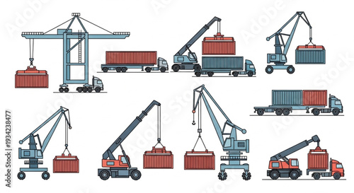Industrial Port Cranes Loading Shipping Containers onto Trucks.