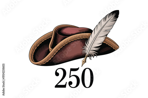 A vintage illustration depicts a brown tricorn hat with a white feather plume resting above the number 250 high-quality professional detailed modern.
