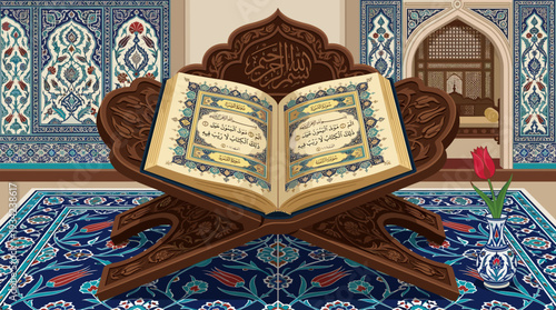 Elegant Open Quran Book on Ornate Rehal Stand Isolated background