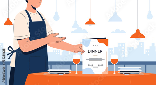 Waiter Presenting Dinner Menu at Restaurant Table Setting
