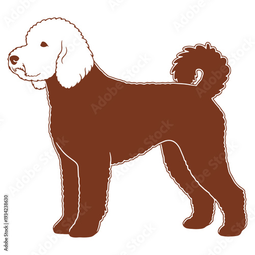 Elegant Brown and White Dog Silhouette Profile Standing Calmly with a Curly Tail Illustration