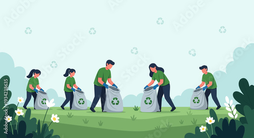 Volunteers Cleaning Park, Recycling Bags, Nature Conservation Concept