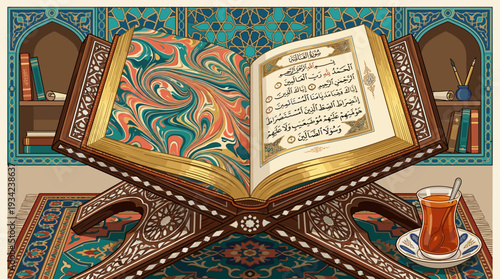 Peaceful Quran Reading in Traditional Malay House Prayer Room Isolated background