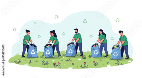 Volunteers Cleaning Up Nature, Collecting Trash in Recycle Bags, Environmental Protection