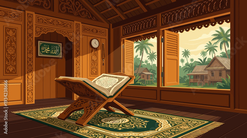 Serene Moroccan Riad Courtyard with Islamic Architecture and Quran Isolated background