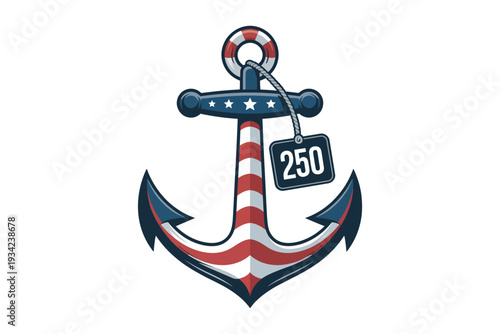 A detailed illustration showcases a classic navy blue and red striped anchor with a life preserver adorned with stars and a 250 tag.