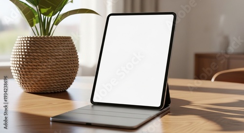A Minimalist Lifestyle Mockup of a Modern Tablet with Blank Screen in a Sunlit Home Interior for App Presentation

