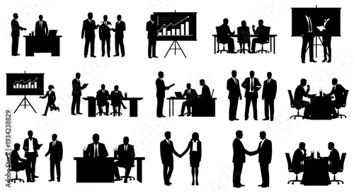 Silhouettes of Business Professionals in Various Settings.
