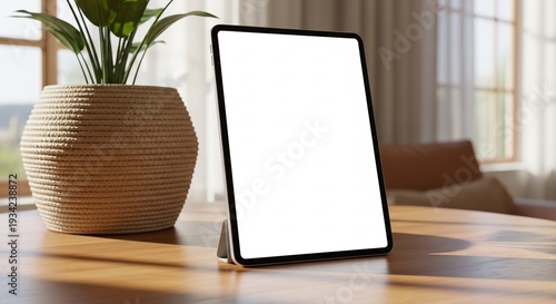 A Minimalist Lifestyle Mockup of a Modern Tablet with Blank Screen in a Sunlit Home Interior for App Presentation

