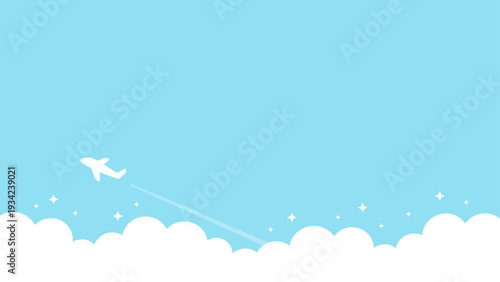 青空を飛ぶ飛行機と雲の背景、旅行のイメージイラスト、16対9の横長サイズ