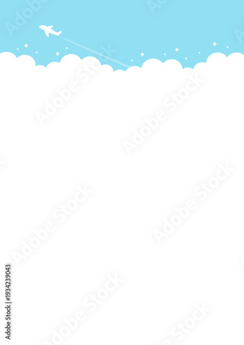 青空を飛ぶ飛行機と雲の背景、旅行のイメージイラスト、縦