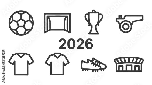 A collection of soccer themed line icons in the year 2026.