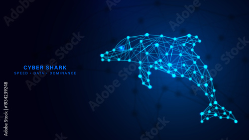 Cyber Shark Digital Network Technology Background, Futuristic Blue Polygon Shark Data Concept, Neon Wireframe Shark Tech Innovation Banner, Abstract AI Shark Cyber Security Background