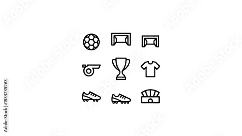 Set of black and white football icons isolated on a solid color.