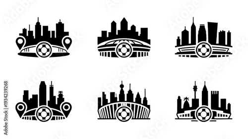 Silhouette design featuring a soccer ball integrated with the city skyline.