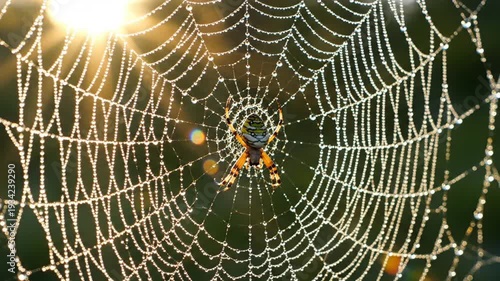A spider sits in a glistening web, glistening drops in the morning light with a bright sun flare