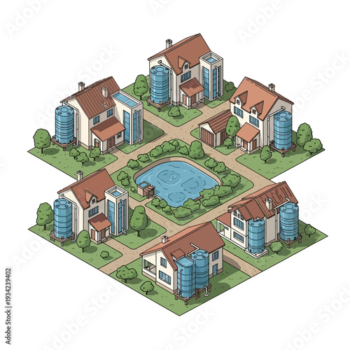 Isometric illustration of a modern housing estate with buildings and a central pond.