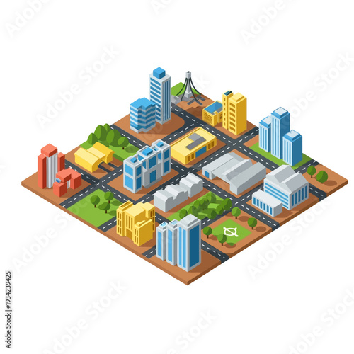 Isometric Cityscape with Modern Buildings and Green Spaces.