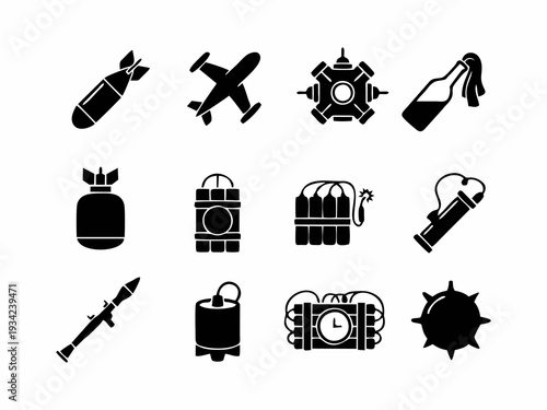 Set of Explosive Weapon Icons, Bombs and Military Detonation Symbols Isolated on White