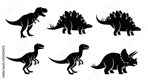 Dinosaur Silhouettes Set: Tyrannosaurus, Stegosaurus, Triceratops, and Raptor Icons