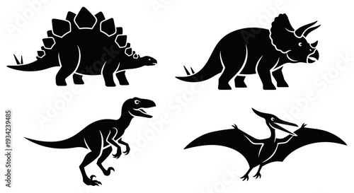Dinosaur Silhouettes Set: Stegosaurus, Triceratops, Velociraptor, Pterodactyl Icons