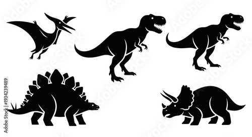 Dinosaur silhouettes set, prehistoric animal vector icons including T-Rex, Stegosaurus, Triceratops, Pterodactyl