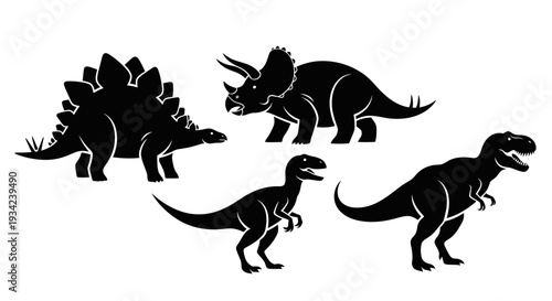 Dinosaur silhouettes set: Stegosaurus, Triceratops, T-Rex, and Velociraptor prehistoric creatures