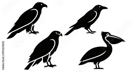 Diverse Bird Silhouettes: Eagle, Crow, and Pelican Icons