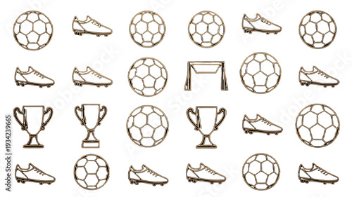 Soccer icons set featuring ball, shoes, and trophy.